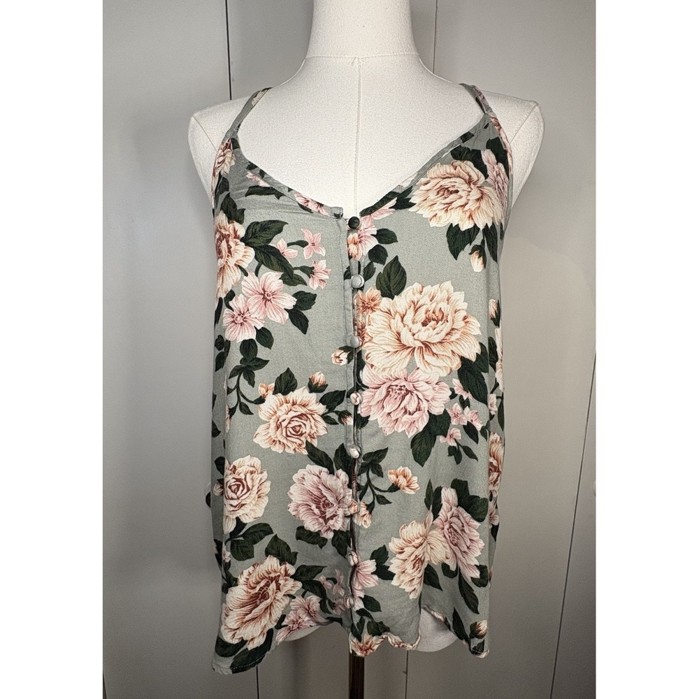 American Eagle Floral Tank Top Women S Button Front Strap Shoulder Back Boho